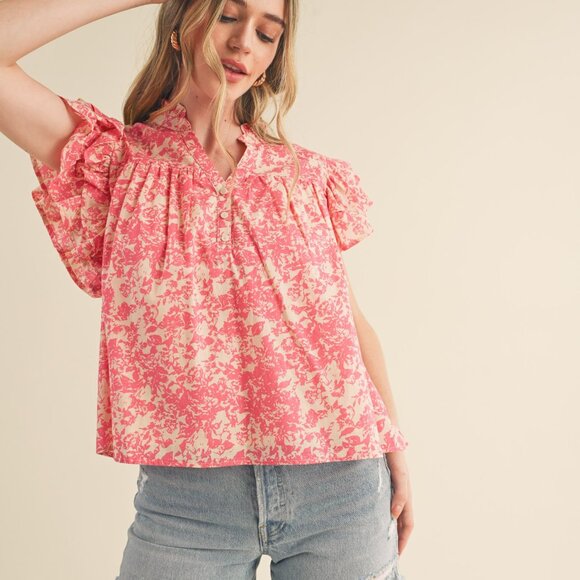 Floral Flutter Sleeve Button Down Top - NWT - Size M - Picture 1 of 4
